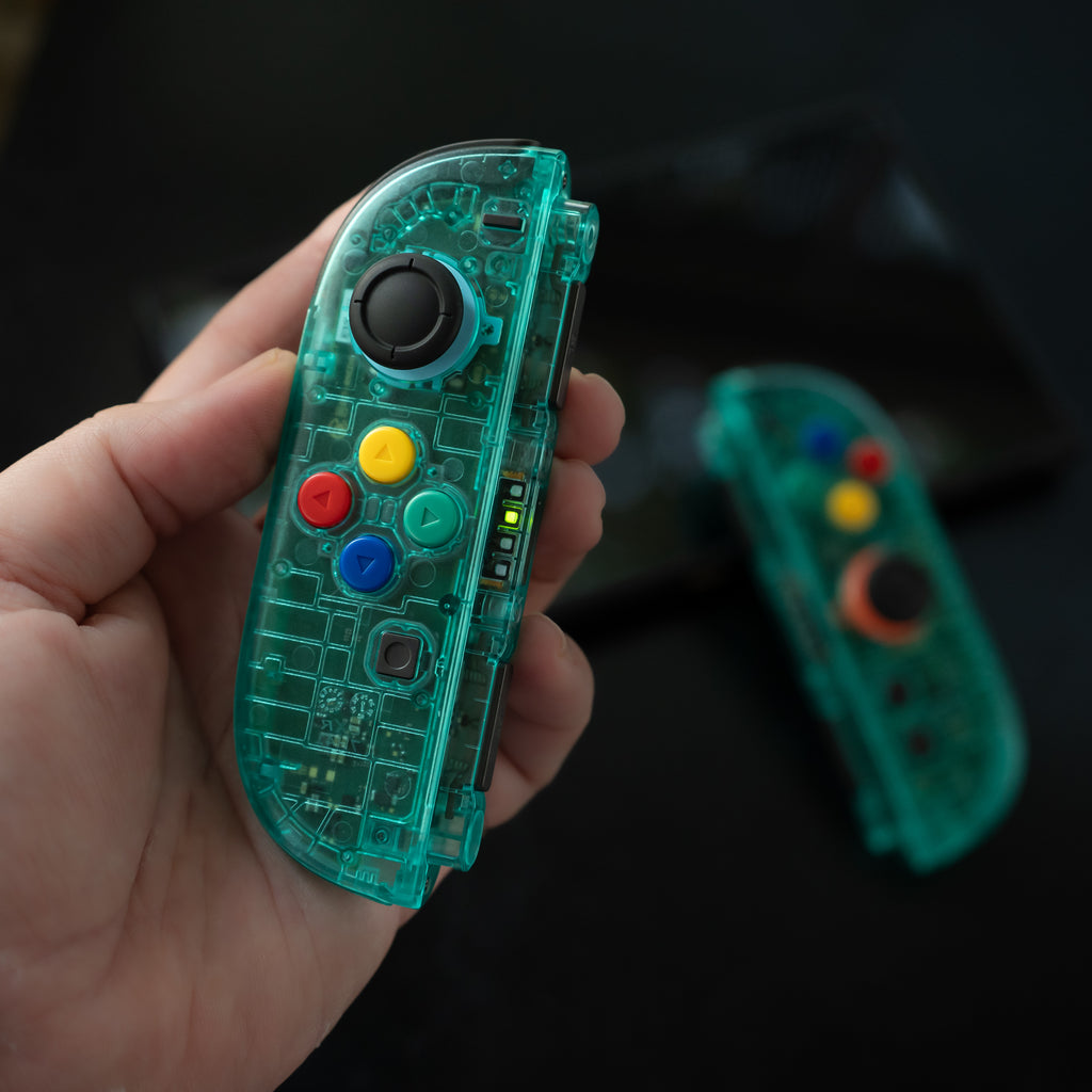 Translucent teal Switch 2 Joy-Cons with SNES buttons