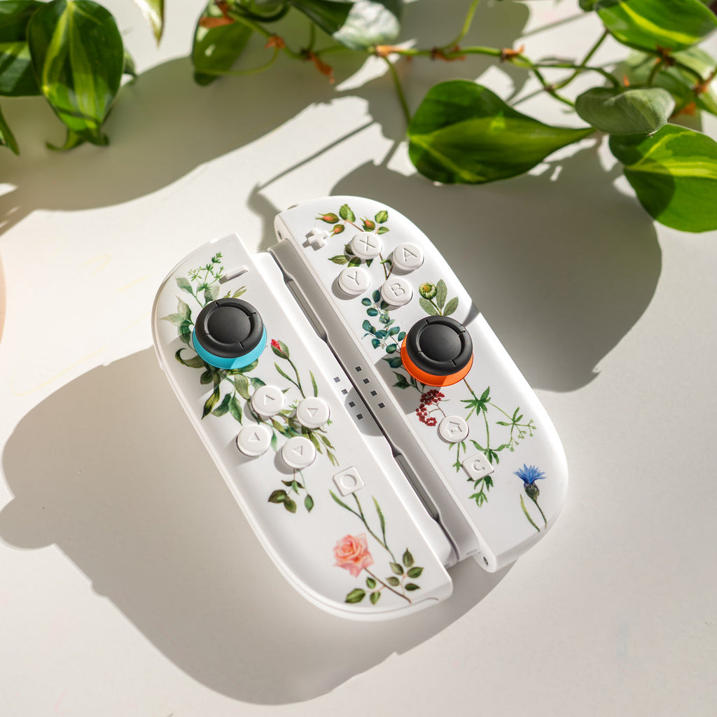 White Joy-Con 2 controllers with floral designs on a light surface with green leaves in the background