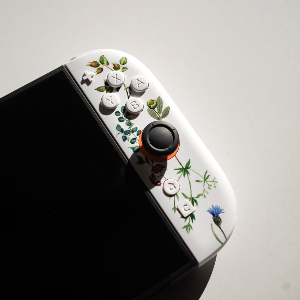 Custom Switch 2 Joy-Cons with a floral print and custom white buttons.
