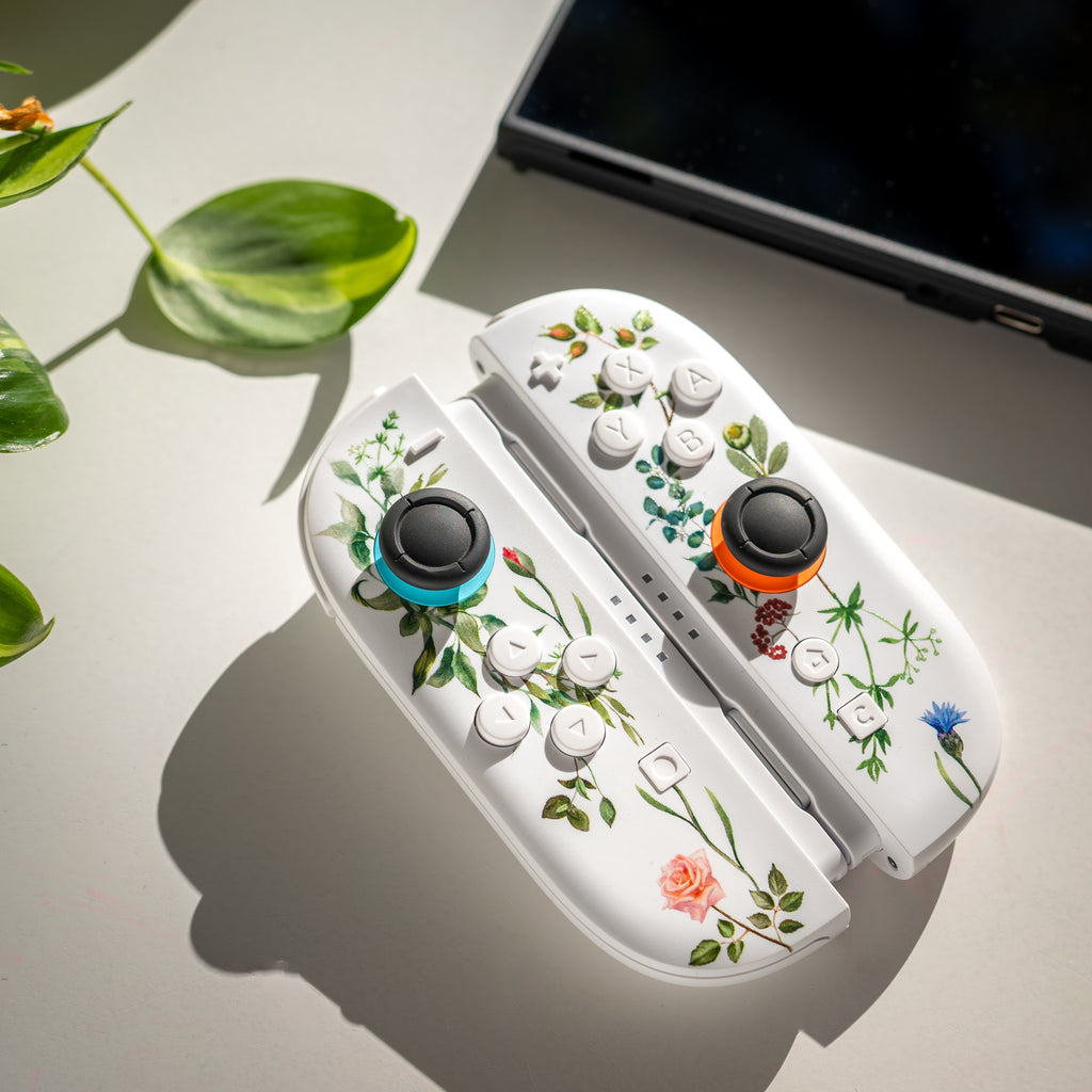 Custom Switch 2 Joy-Cons with a floral print and custom white buttons