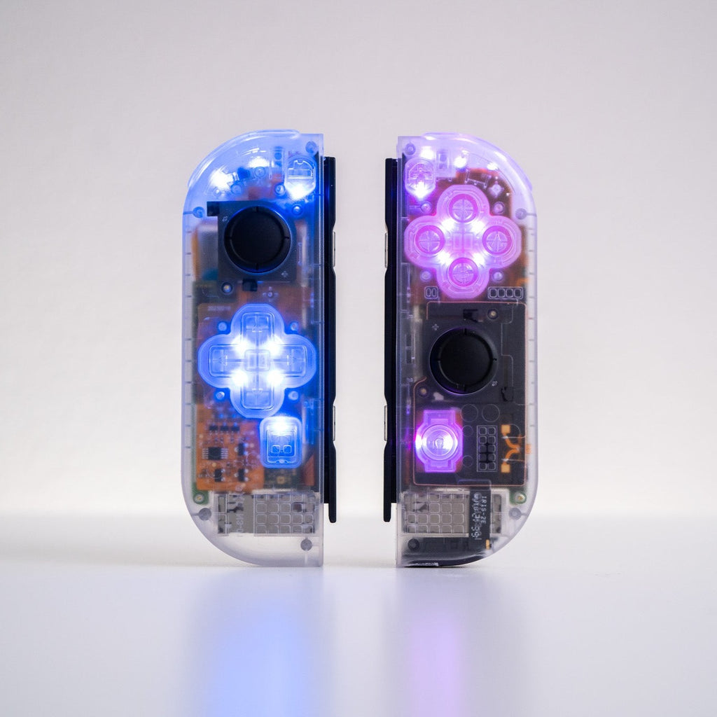Clear joycons with LED backlit buttons custom controllers.