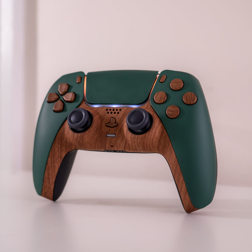 Pine Green PS5 Controller with Wood-Style Buttons & Trim - GameTraderZero