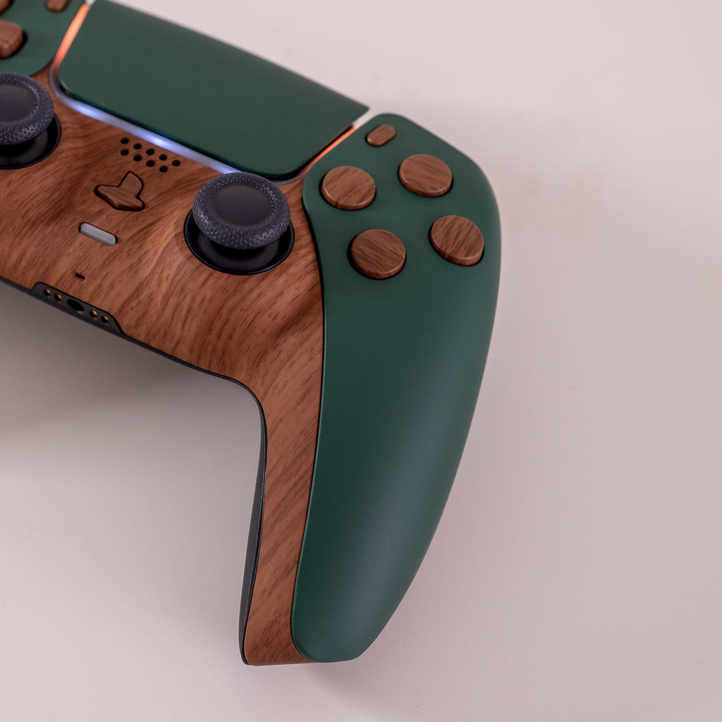 Pine Green PS5 Controller with Wood-Style Buttons & Trim - GameTraderZero