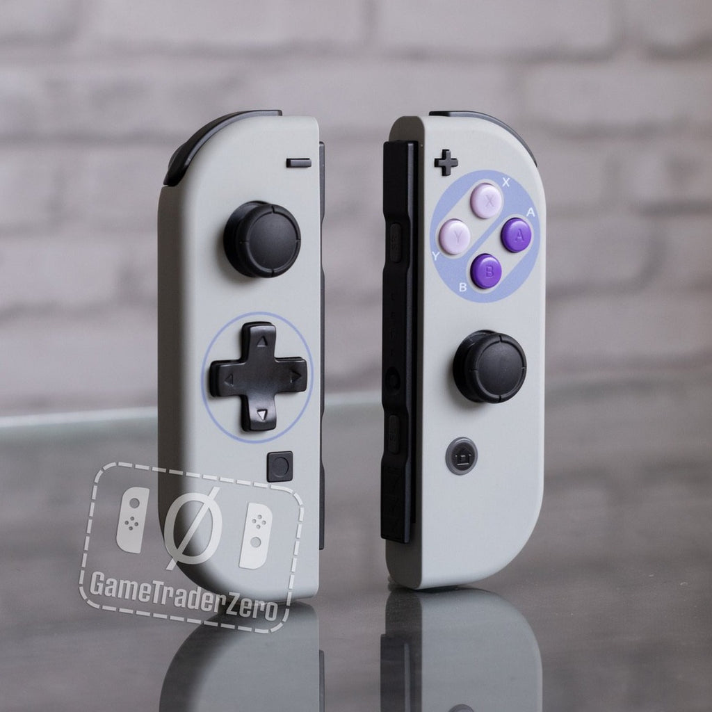 Nintendo SNES Joy-Cons with grey shells and purple buttons.