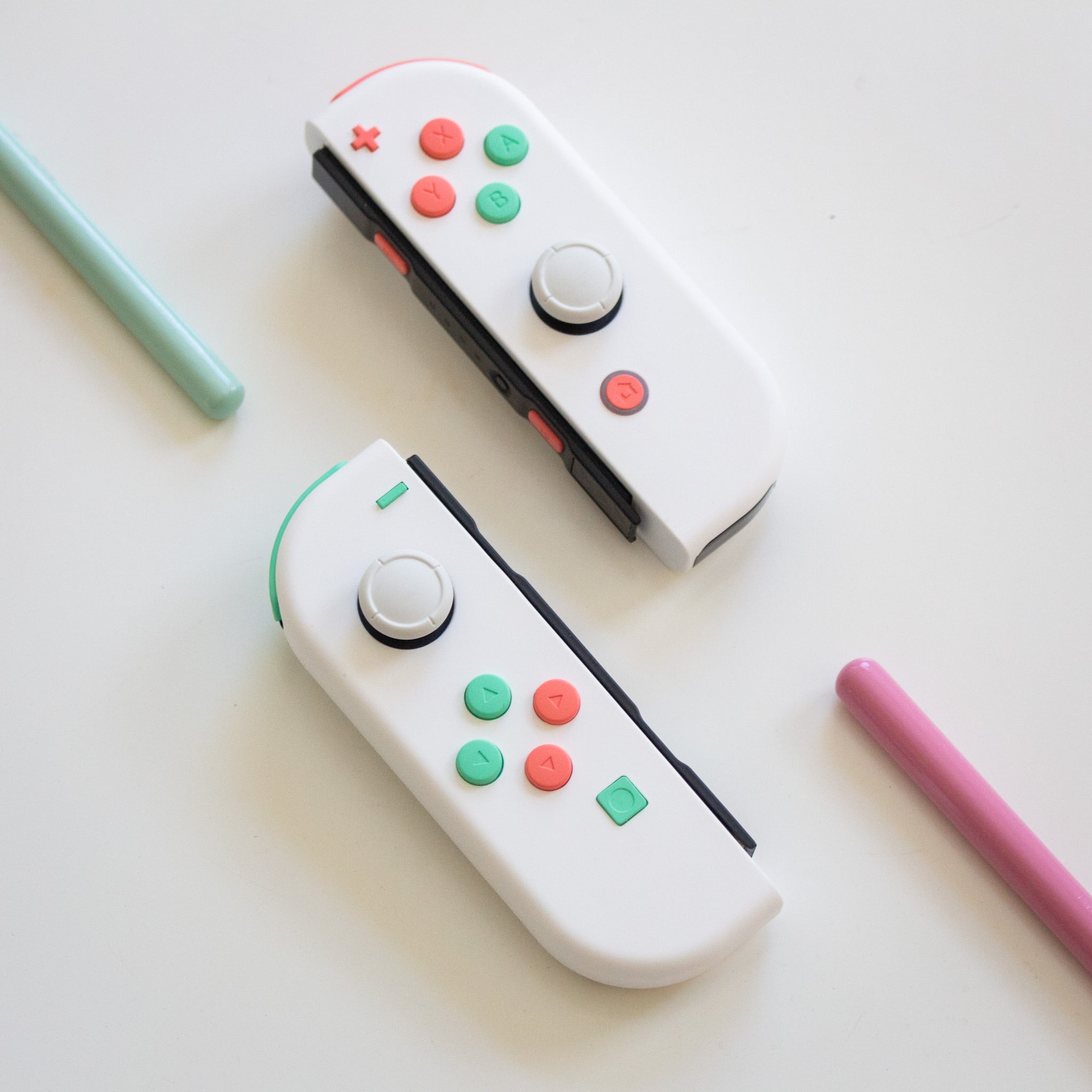 Custom JoyCons Nintendo Switch Joy-Con Controller Mods White with Mint and  Coral Pink Buttons